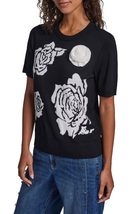 Rose Motif Short Sleeve Sweater