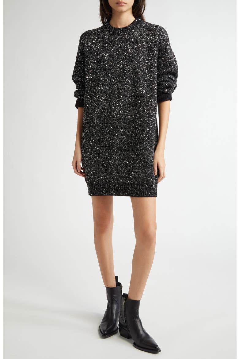 Sequin Wool Blend Oversize Sweater Dress, Main, color, BLACK