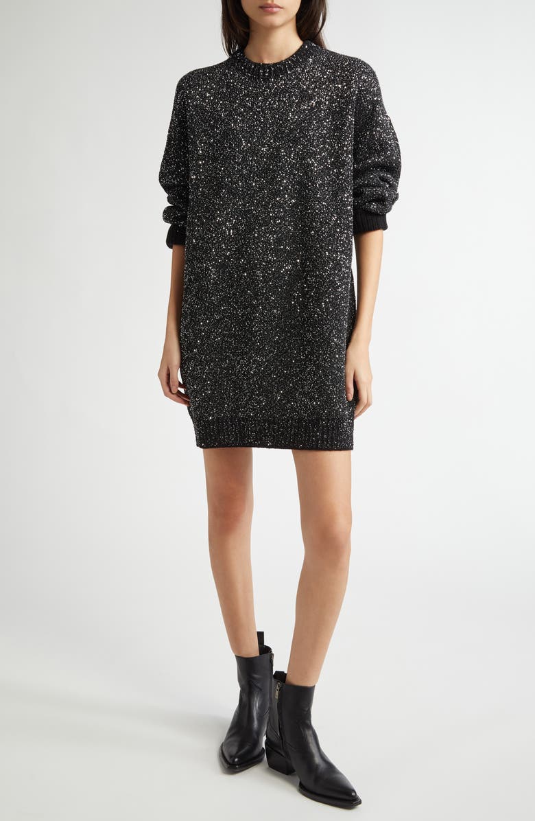 Golden Goose Sequin Wool Blend Oversize Sweater Dress, Main, color, Black