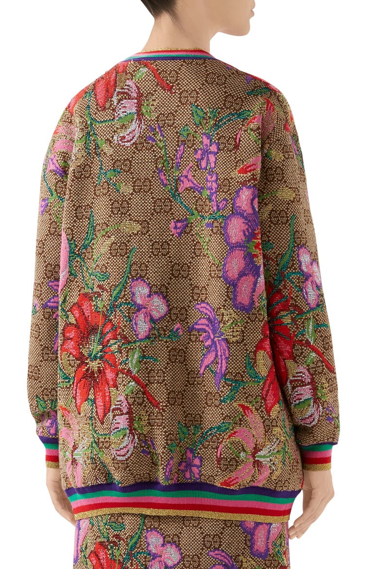 Metallic Floral Double G Wool Blend Cardigan, Alternate, color, BROWN/ BEIGE/ MC