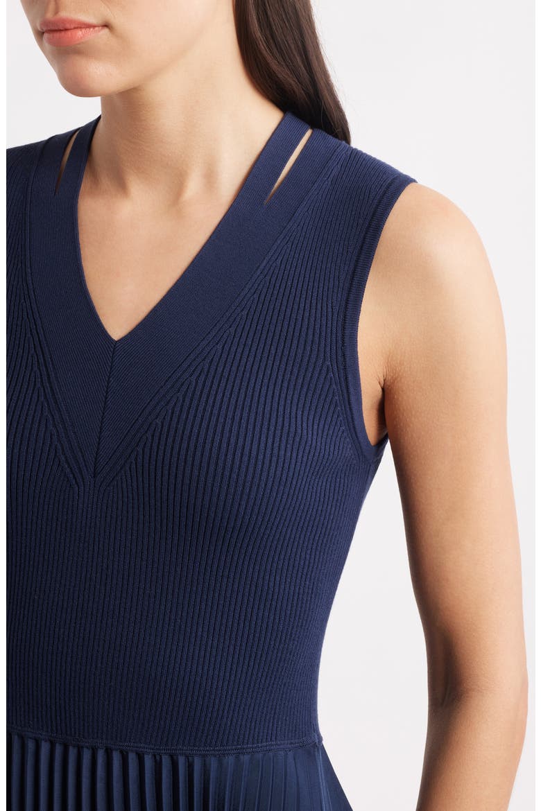 Farrah Slit Shoulder Mixed Media Midi Dress, Alternate, color, CLEAN NAVY