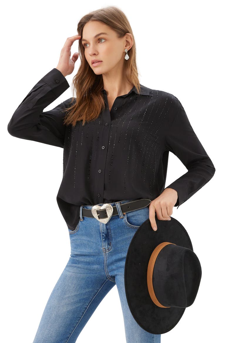 Gemstone Embellished Rayon Shirt, Alternate, color, BLACK