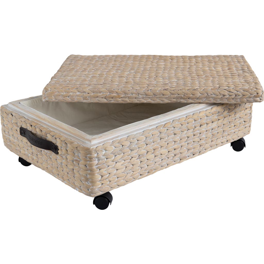 Happimess Chett Minimalist Hand-woven Hyacinth/wood Underbed Storage Bin With Wheels And Handles In White