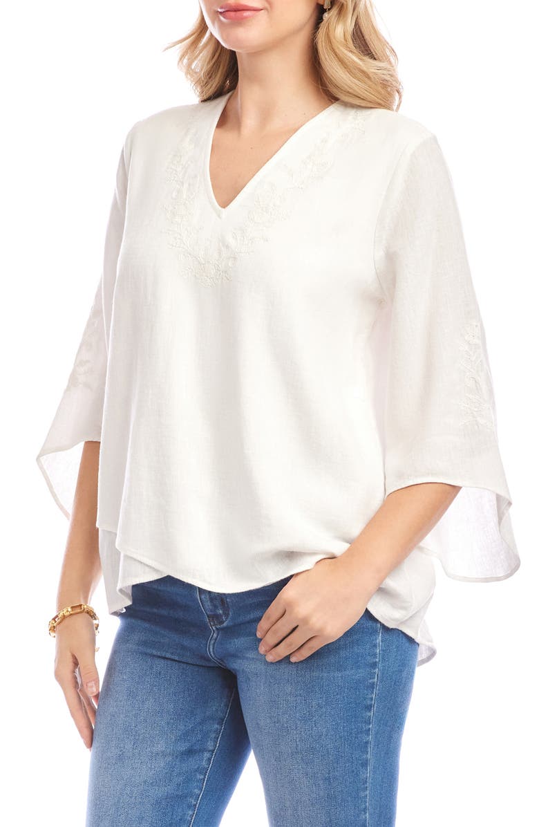 Karen Kane Floral Embroidery Detail Linen Blend Top, Alternate, color, Off White