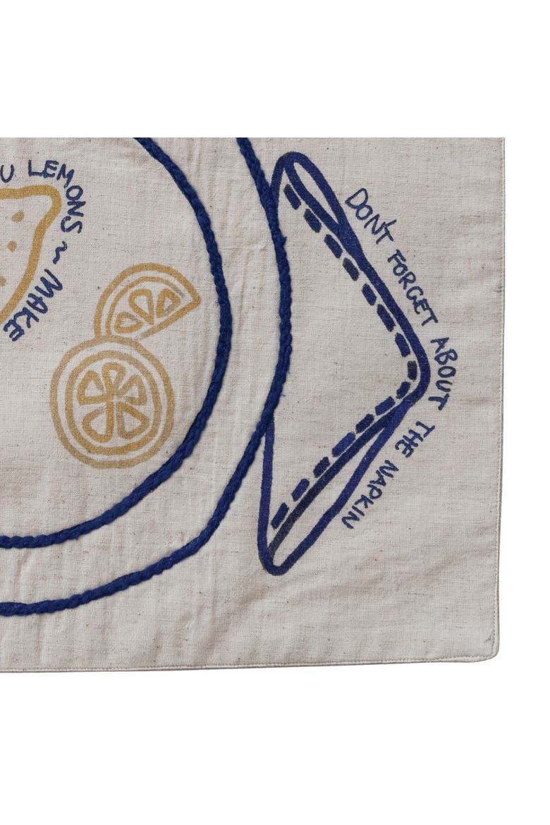 Woven Cotton and Linen Embroidered Placemat with Fruit, Leaves and Saying, Natural and Blue, Alternate, color, Blue