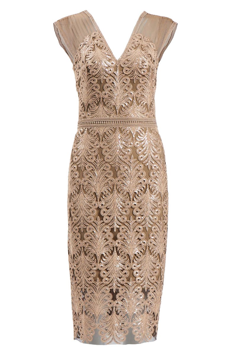 Tadashi Shoji Sequin Corded Lace Cocktail Sheath Dress, Alternate, color, Ginseng