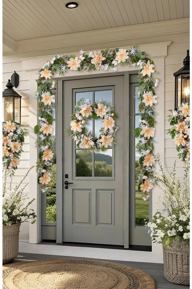 6ft Dahlia or Hydrangea Peony & Cherry Artificial Garland, Alternate, color, Beige