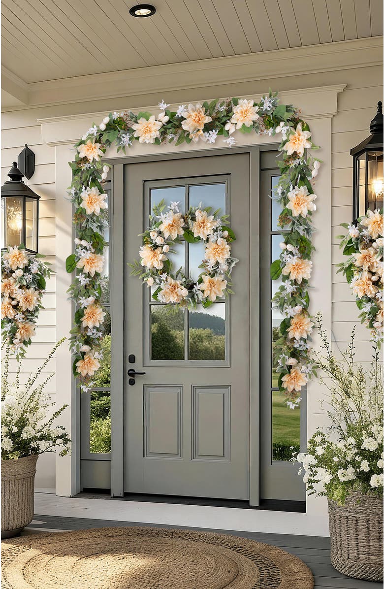 Glitzhome 6ft Dahlia or Hydrangea Peony & Cherry Artificial Garland, Alternate, color, Beige