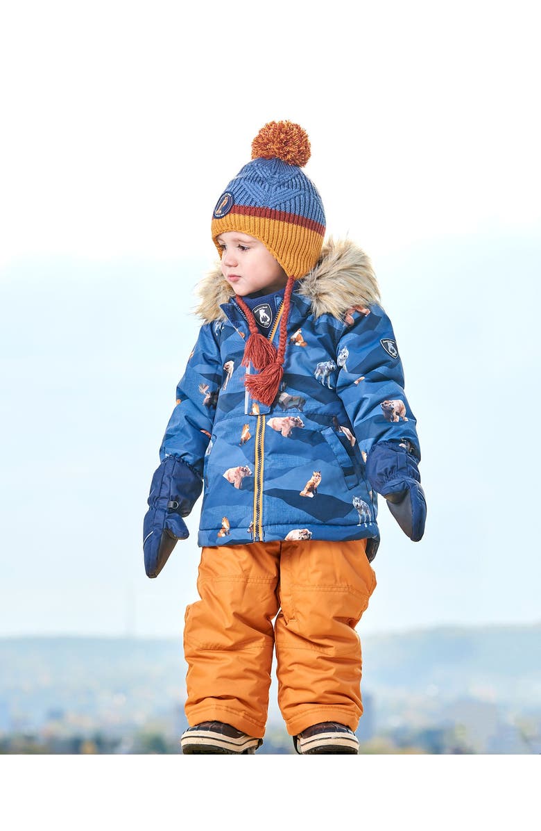 Deux par Deux Baby Boy's Two Piece Baby Snowsuit Ochre And Navy Printed Mountains Animals, Alternate, color, 