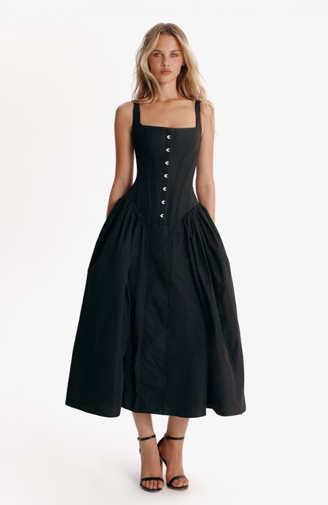 Structured Corset Midi Formal Occasion Dress in Black