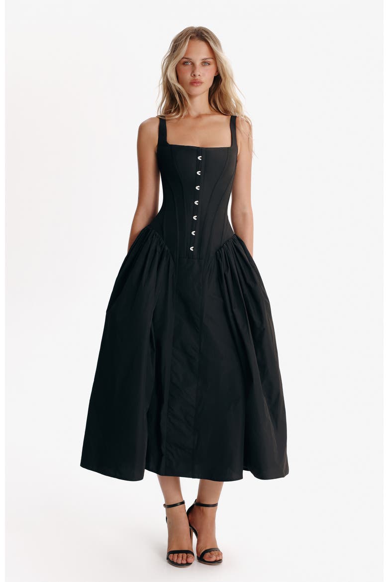 black corset midi dress Women's Black Corset Bardot Draped Midi Dress