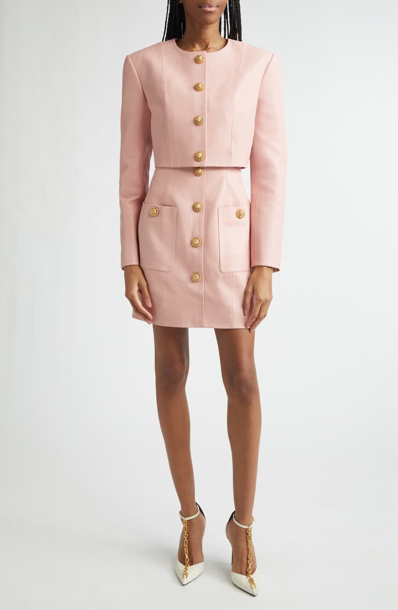 Balmain Button Leather Minidress, Alternate, color, 4Hr Powder Pink