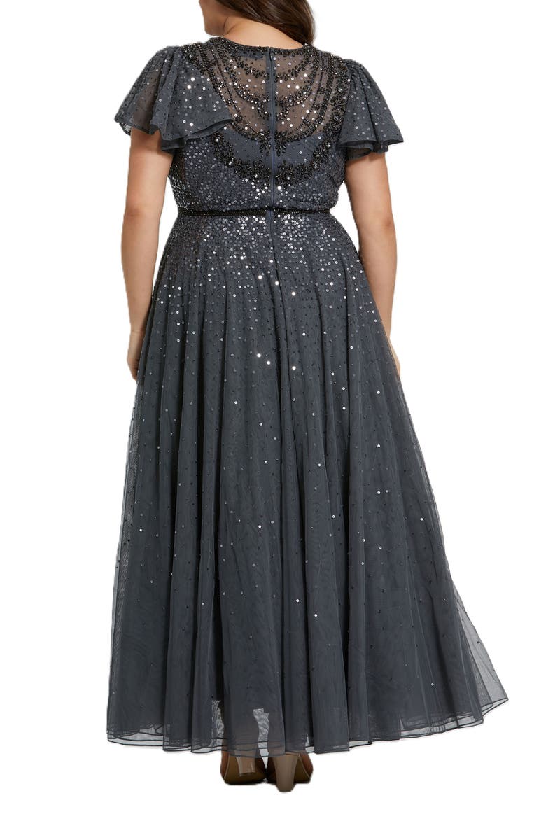 Sheer Flutter Sleeve Beaded Fluffy Net Gown, Alternate, color, Charcoal