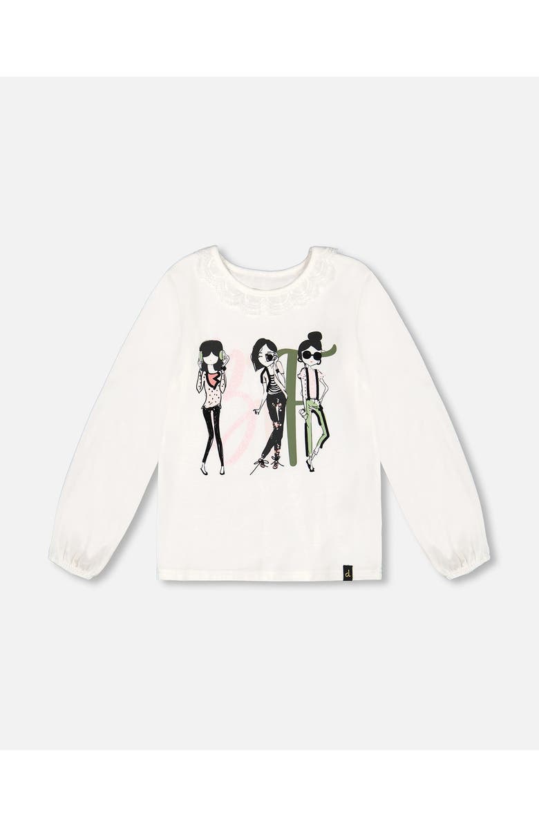 Deux par Deux Little Girl's Print T-Shirt With Lace Off White, Main, color,