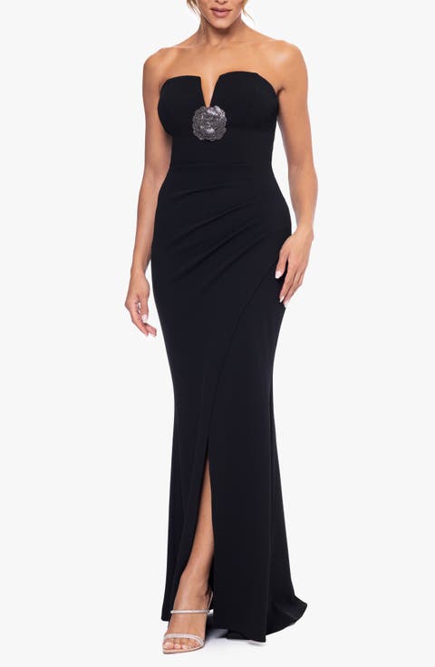 Rhinestone Detail Strapless Scuba Crepe Gown