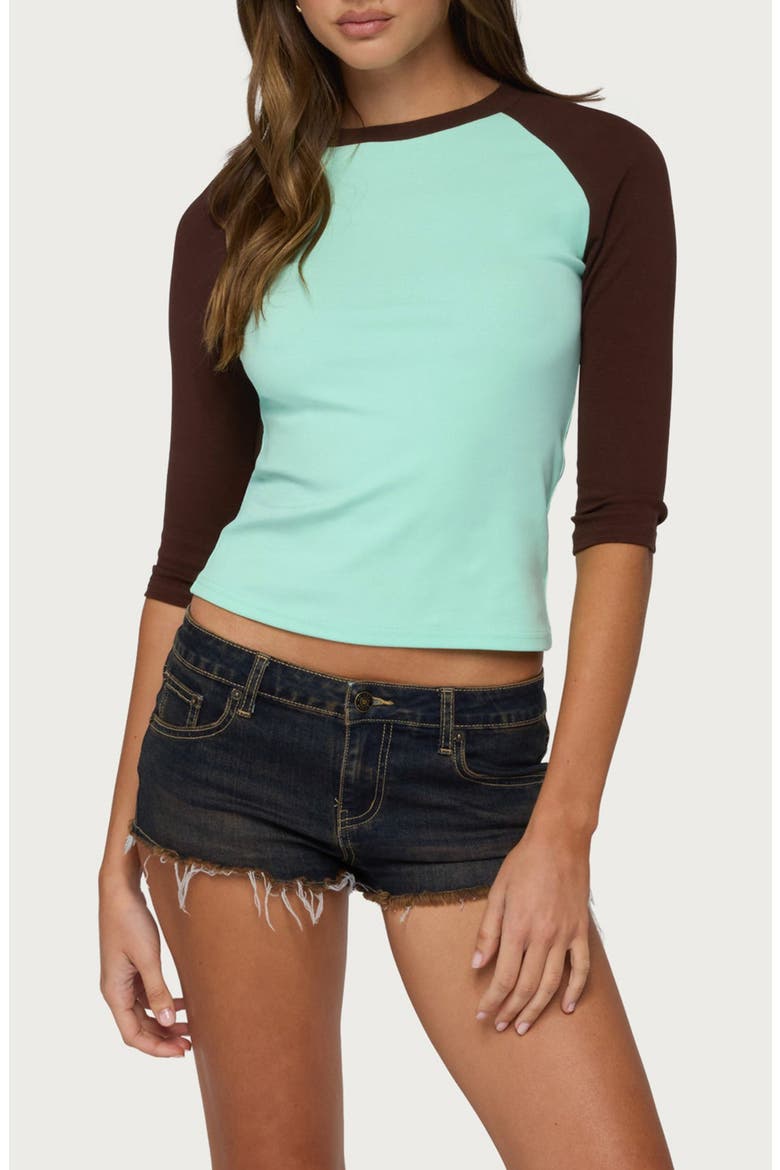 Irva Raglan Three-Quarter-Sleeve Top, Main, color, AQUA-AND-BROWN