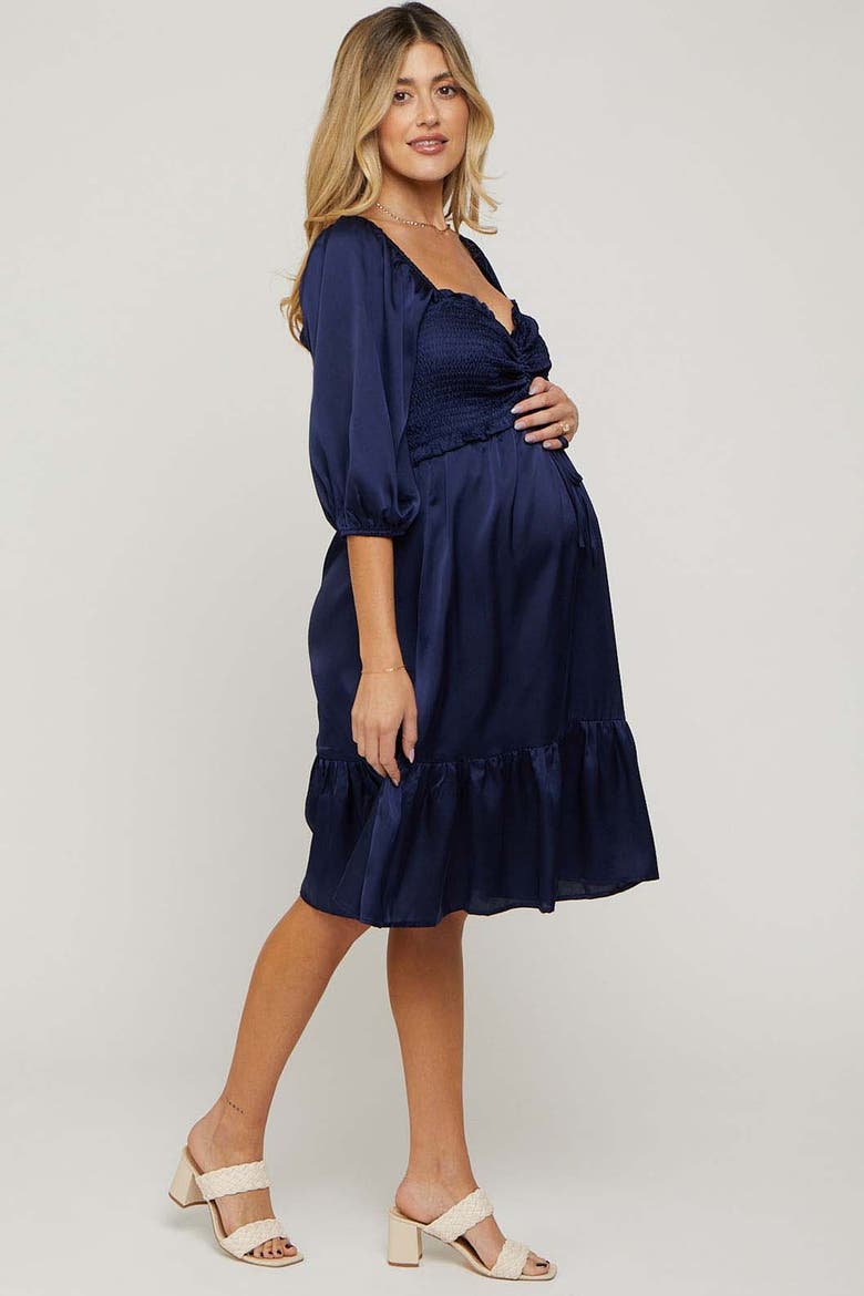 Satin Smocked Ruffle Hem Dress, Alternate, color, Navy Blue