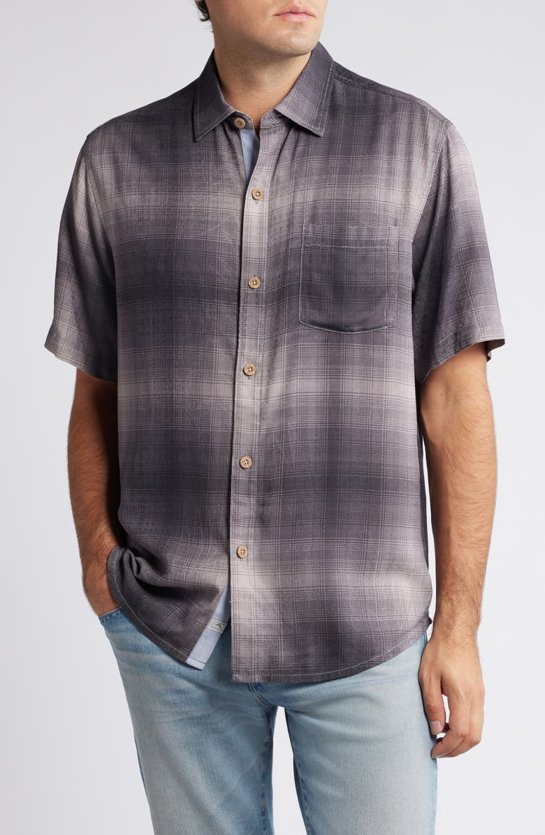 Tommy Bahama Madera Ombré Plaid Short Sleeve Silk Button-Up Shirt, Main, color,