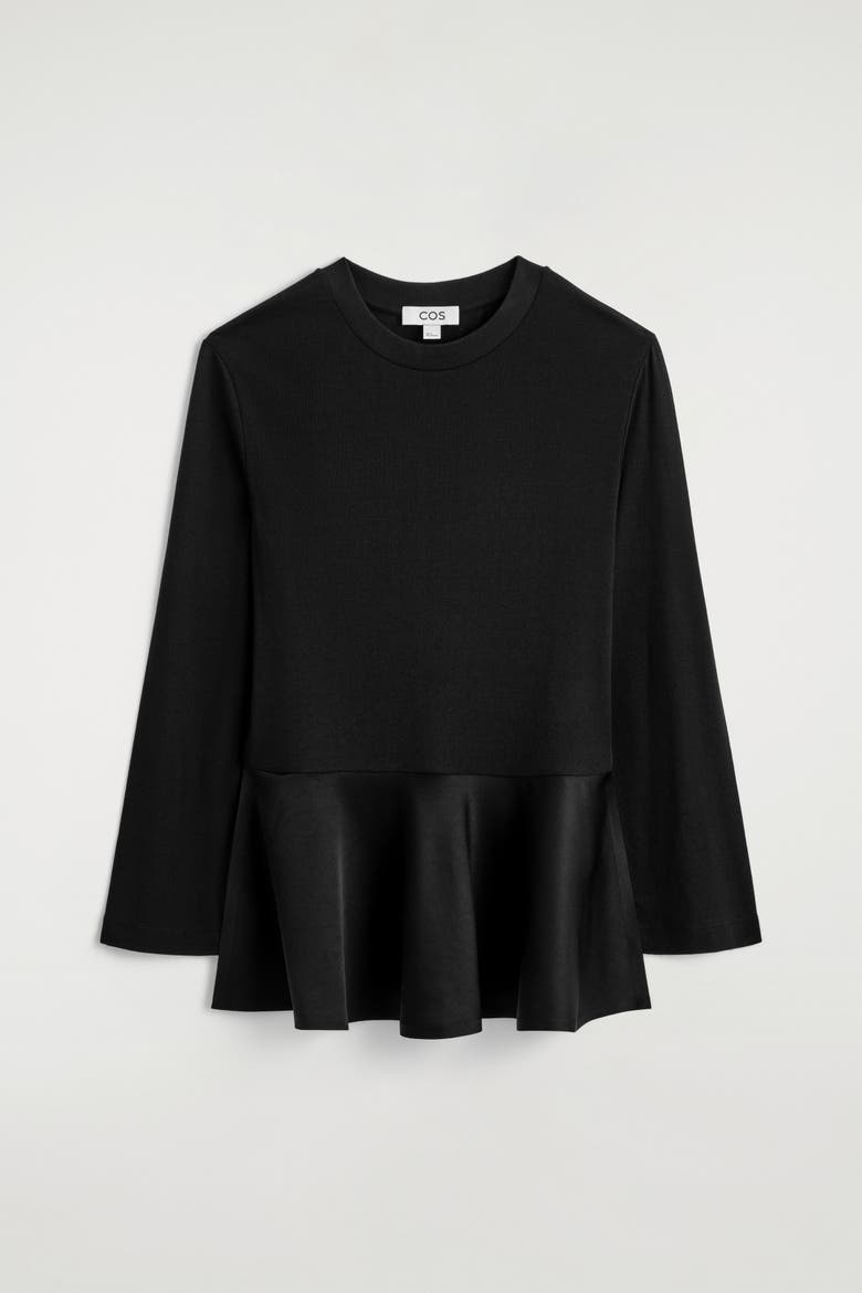 Satin-peplum Jersey Top, Alternate, color, BLACK