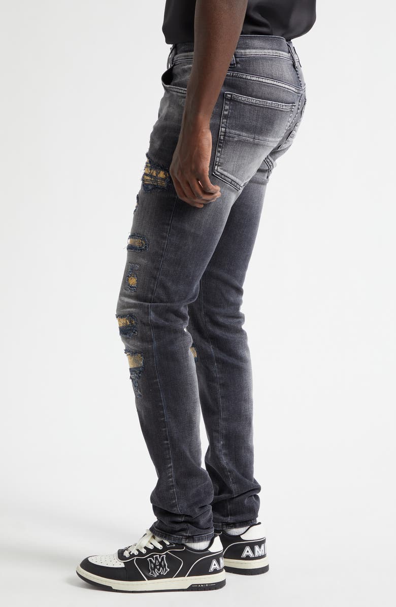 AMIRI Snake Thrasher Ripped & Repaired Stretch Denim Skinny Jeans, Alternate, color, Storm Black