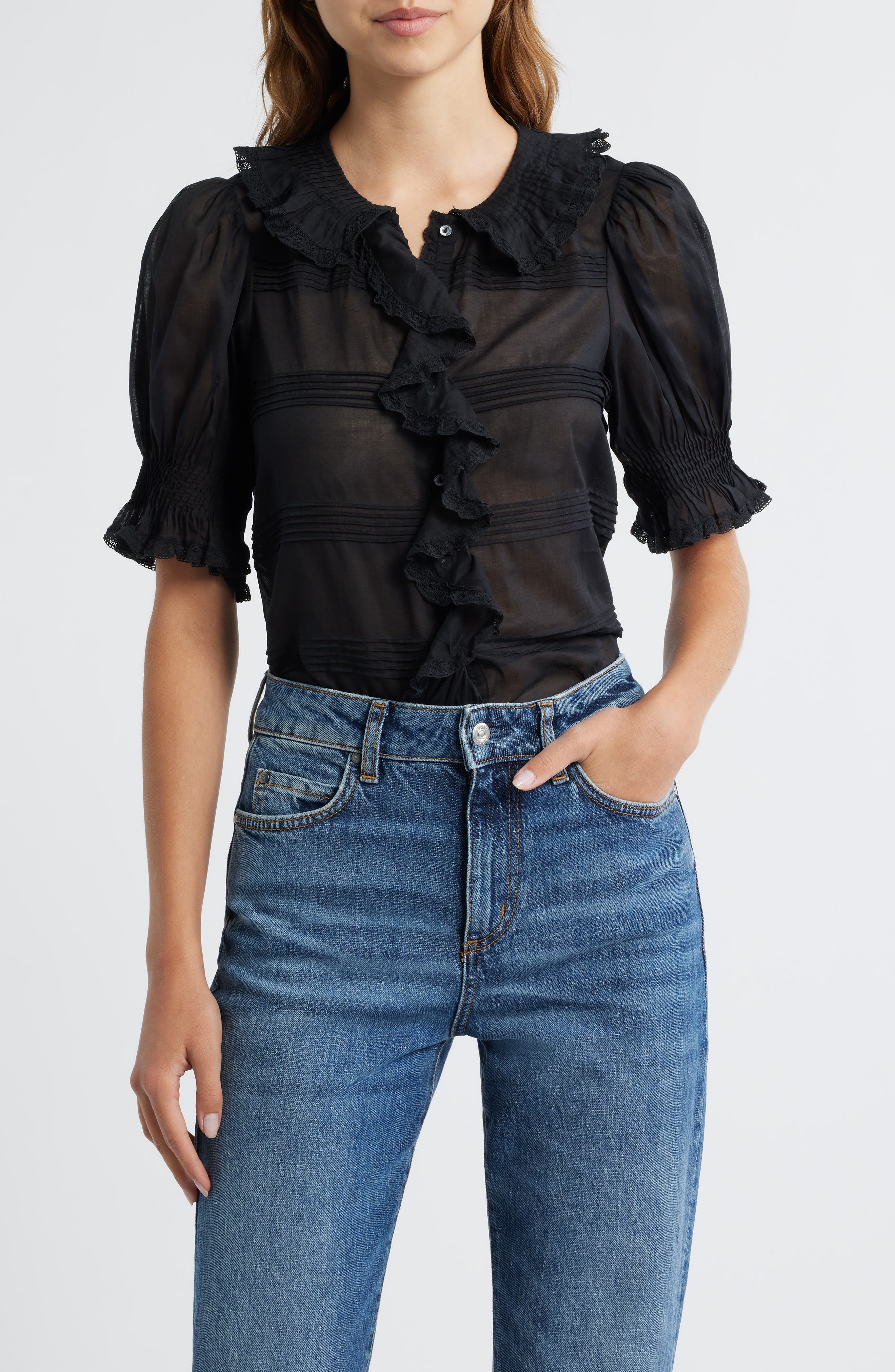 DÔEN Balsam Pintuck Ruffle Organic Cotton Button-Up Top (Women 