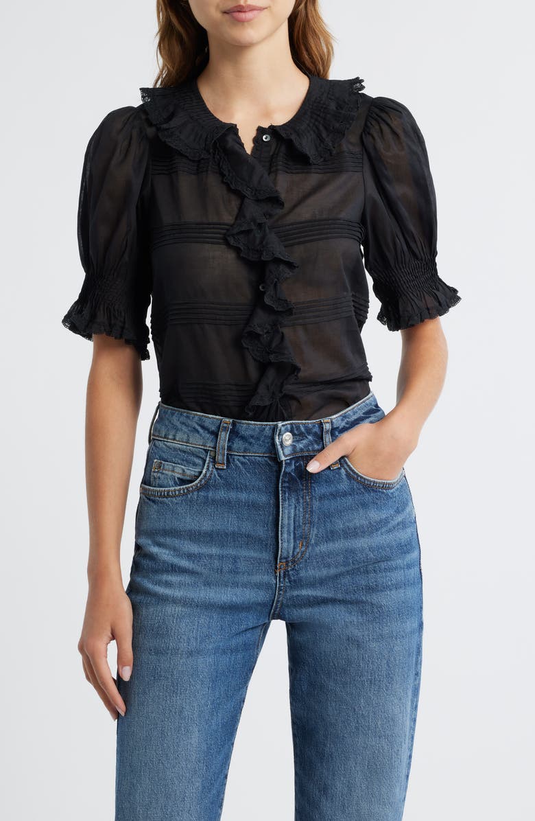 DÔEN Balsam Pintuck Ruffle Organic Cotton Button-Up Top, Main, color, Black
