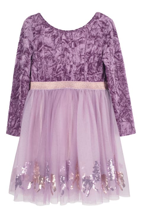 Kids' Long Sleeve Crushed Velvet & Mesh Party Dress (Little Kid & Big Kid)