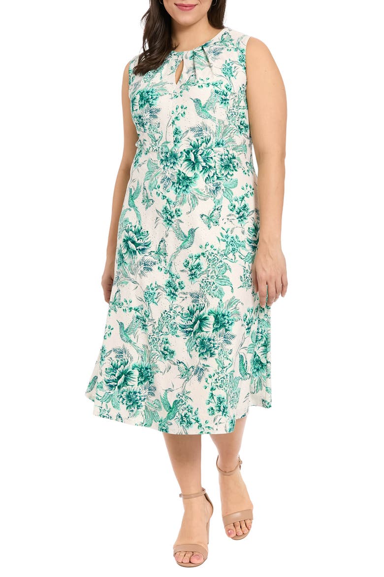 Floral Keyhole A-Line Midi Dress, Main, color, SOFT WHITE/ TEAL