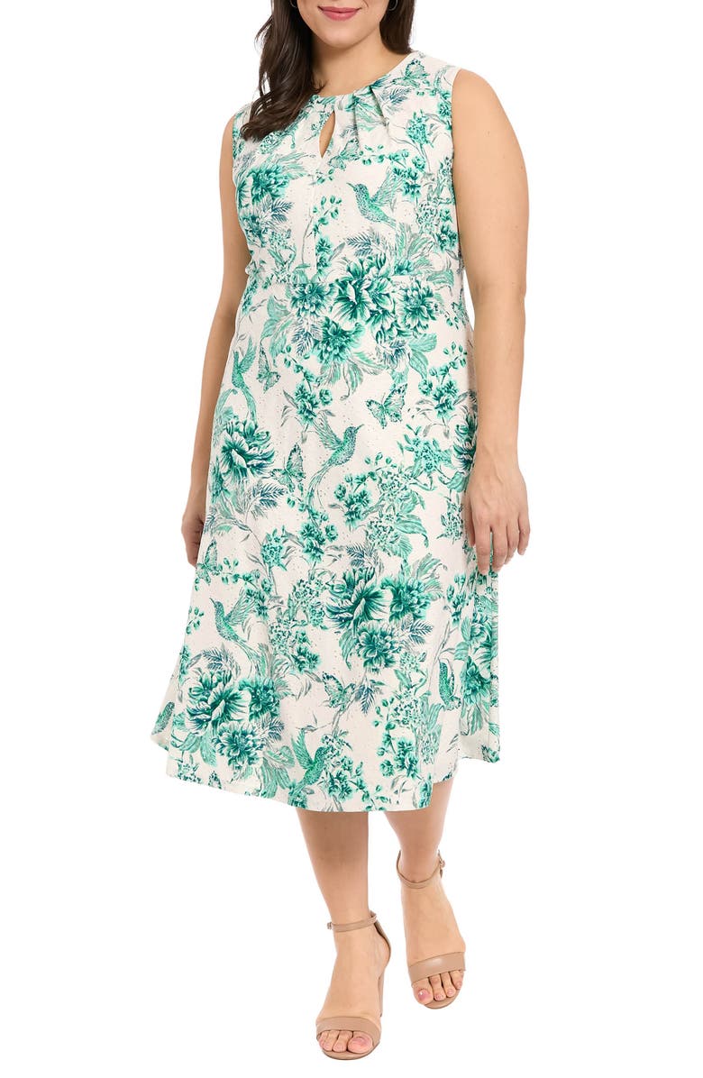 London Times Floral Keyhole A-Line Midi Dress, Main, color, Soft White/ Teal