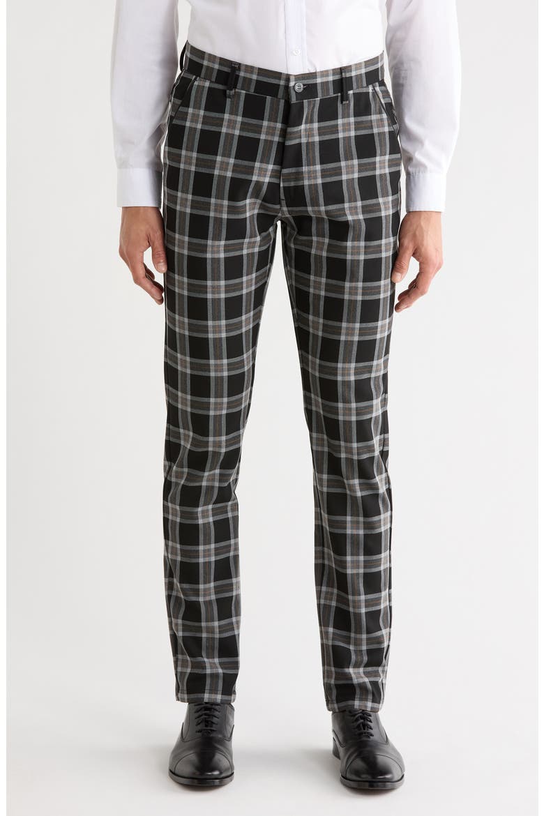 Plaid Straight Leg Trousers, Main, color, BLACK