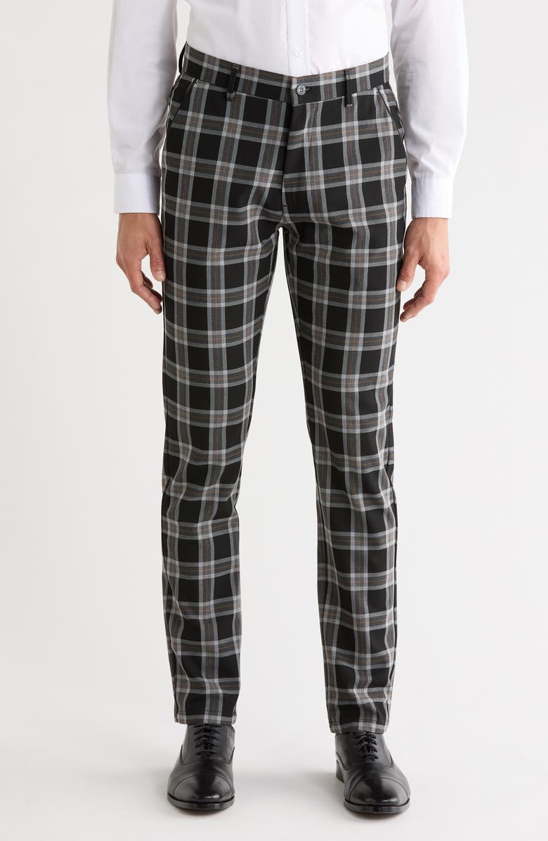 T.R. PREMIUM Plaid Straight Leg Trousers, Main, color, Black