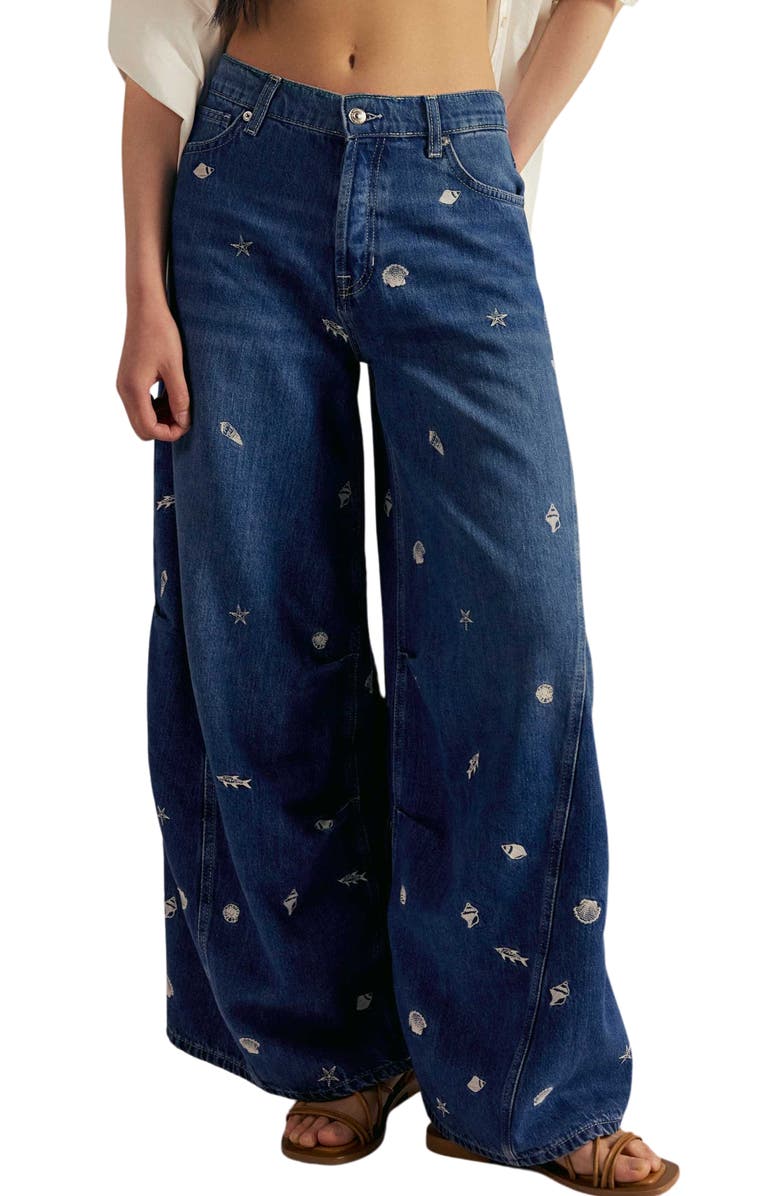 Free People Westward Embroidered Wide Barrel Leg Jeans, Main, color, Under The Sea