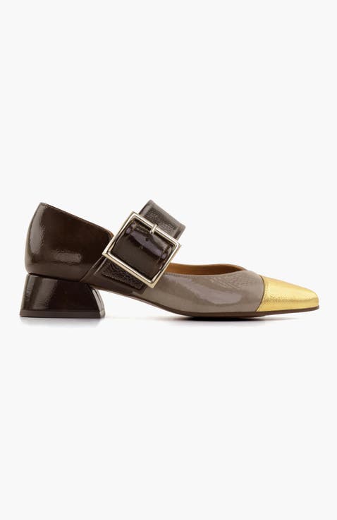 Metallic Mary Jane patent leather buckle pump
