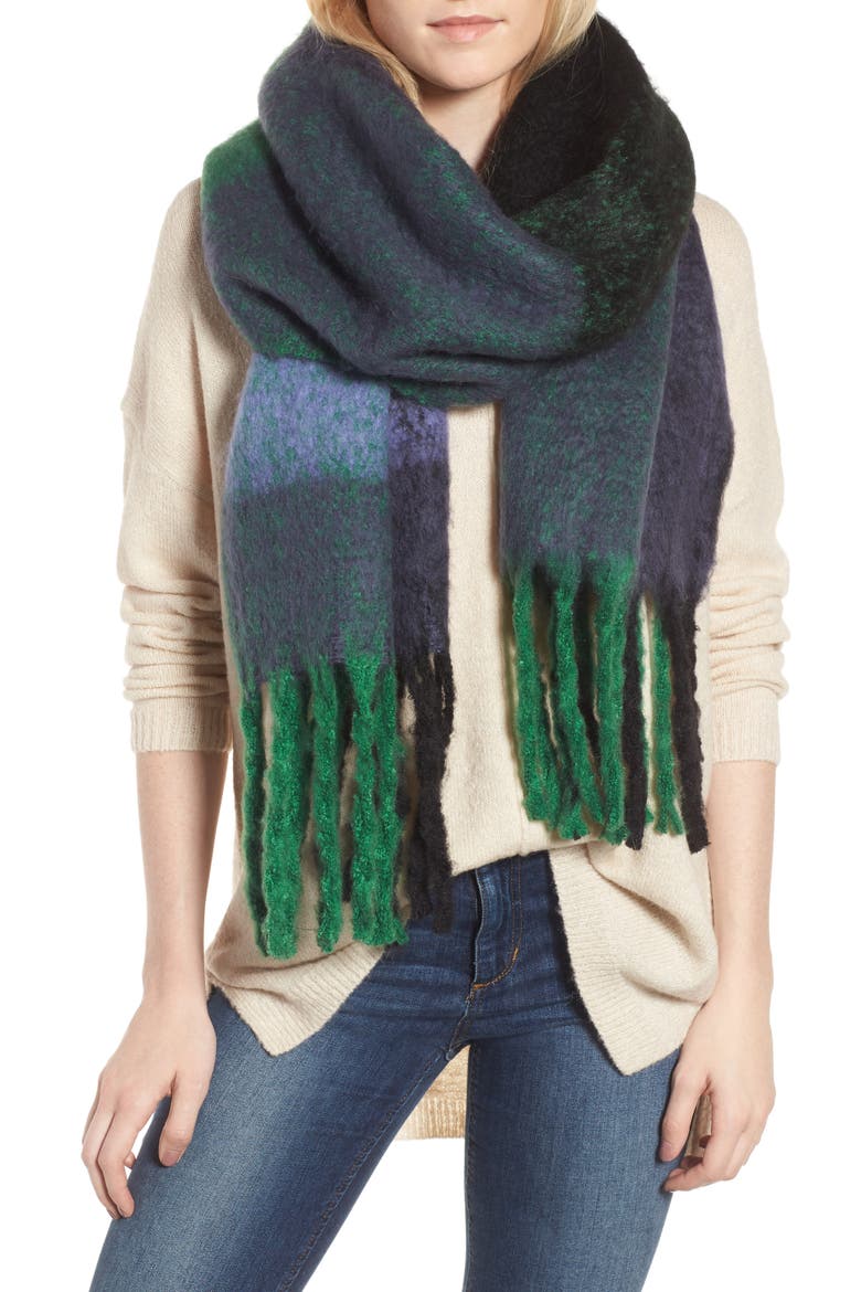 Cameron Plaid Fringe Scarf, Main, color, NAVY
