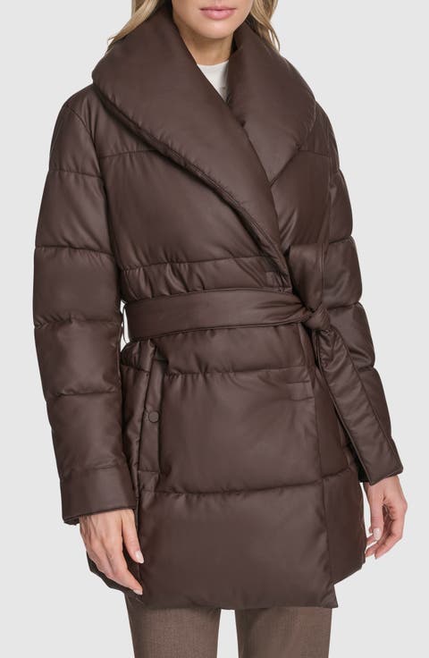 Adela Faux Leather Shawl Collar Quilted Wrap Coat
