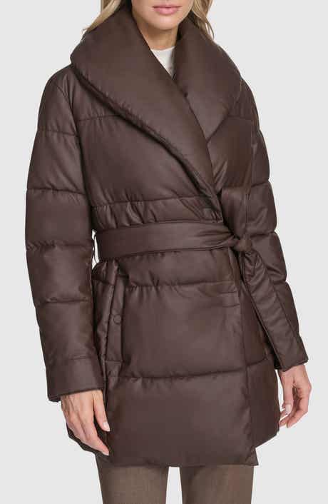Andrew Marc Adela Faux Leather Shawl Collar Quilted Wrap Coat