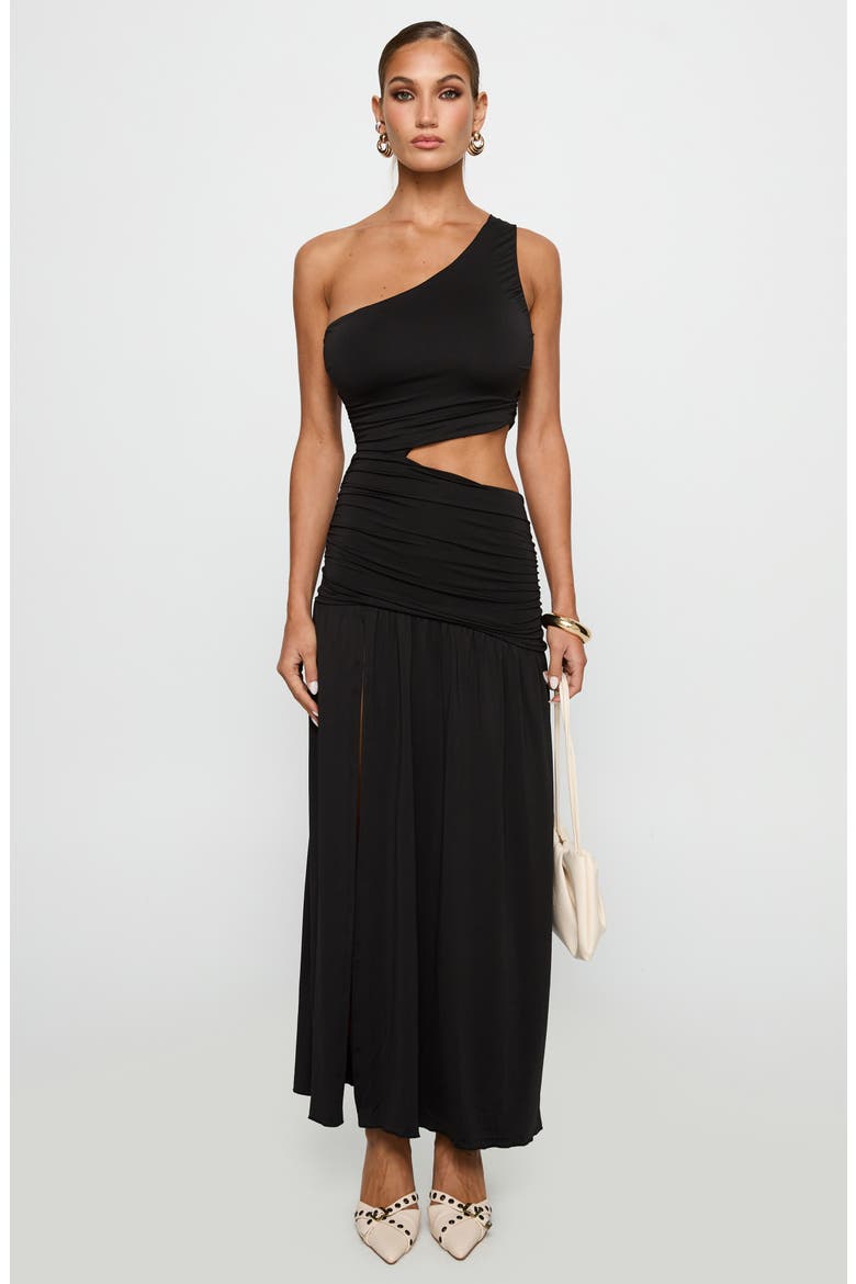 One-Shoulder Cutout Detail Maxi Dress, Alternate, color, BLACK
