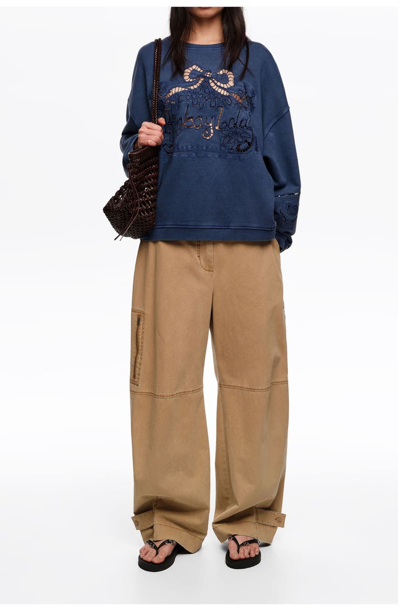 Bimba y Lola Faded Sweatshirt With Maxi Broderie Anglaise Logo, Alternate, color, Blue