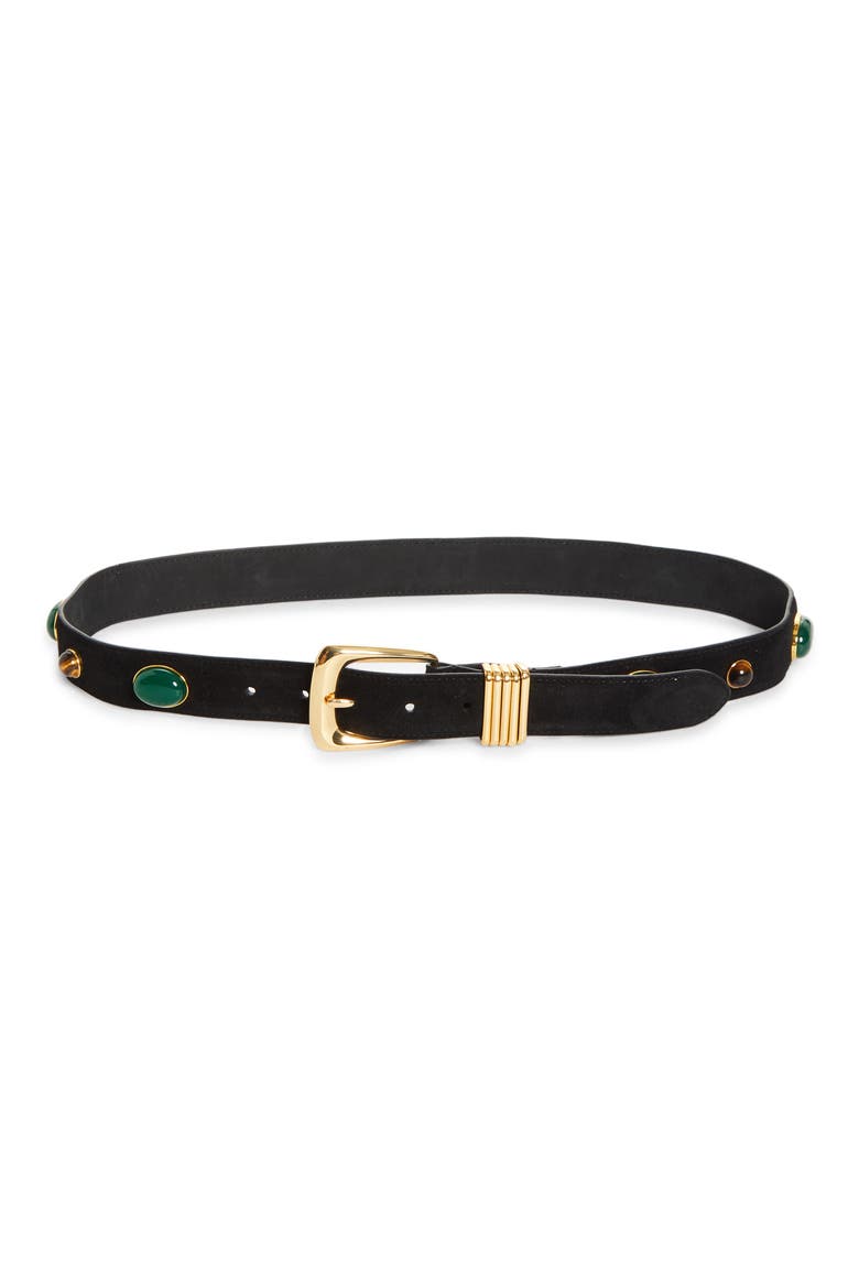Stone Embellished Leather Arc Belt, Main, color, BLACK