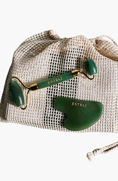 Esteli Aventurine Roller And Gua Sha Set In Dark Green