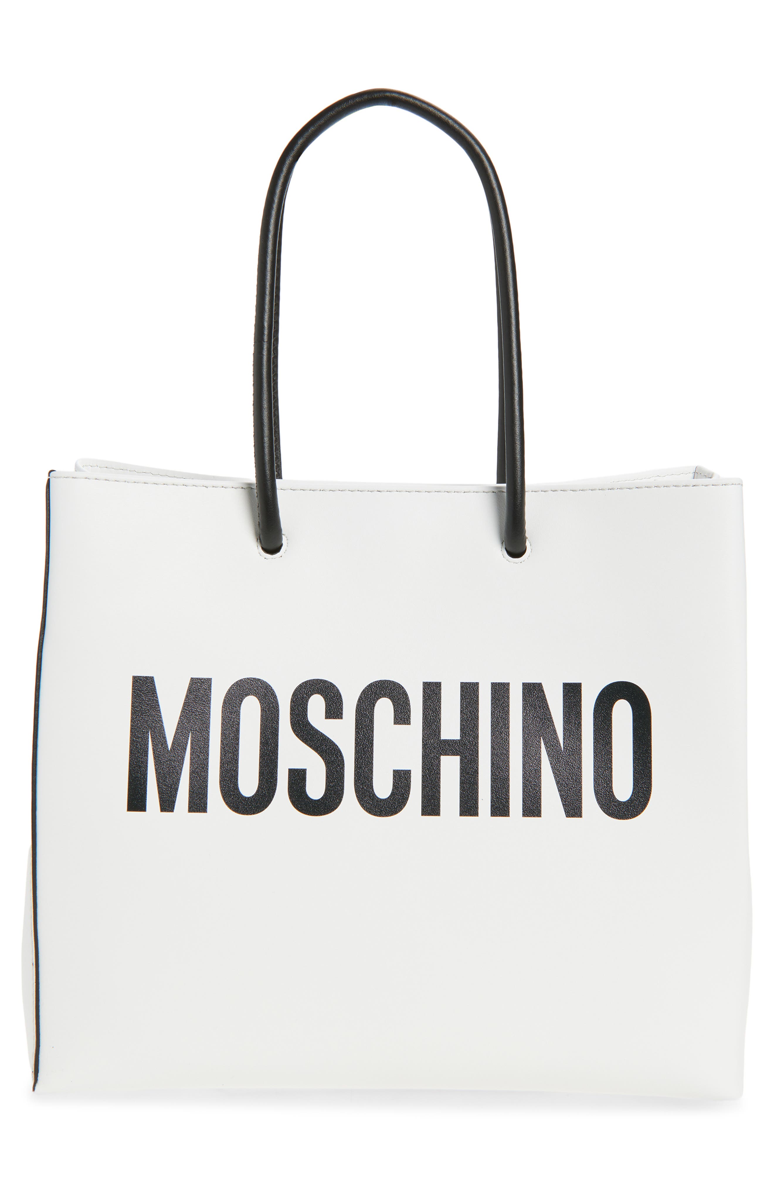 Moschino Logo Leather Shopper Tote, Alternate, color, 100 White