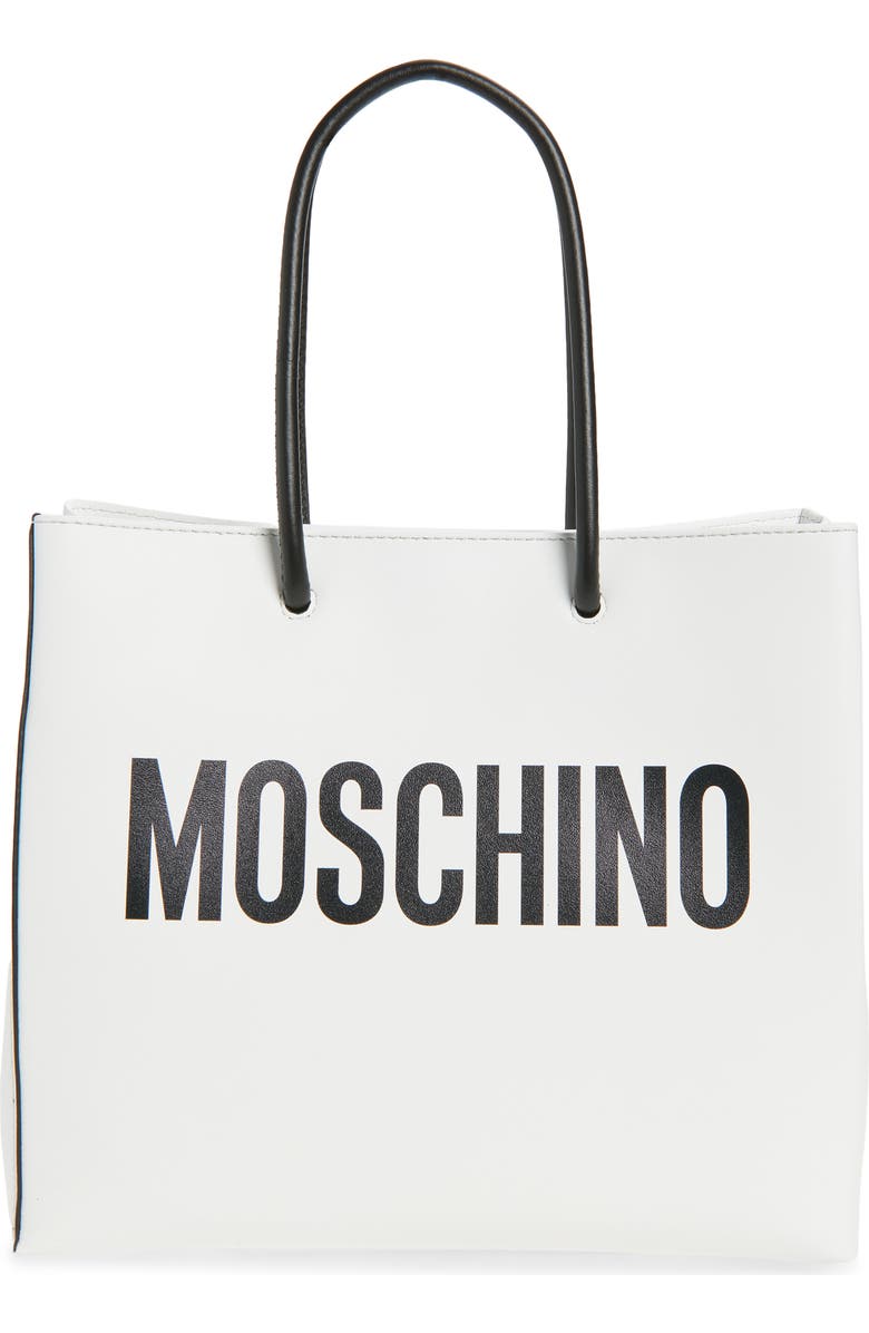 Moschino Logo Leather Shopper Tote, Alternate, color, 100 White