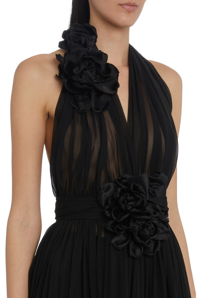 Rosette Detail Halter Neck Silk Chiffon Gown, Alternate, color, BLACK