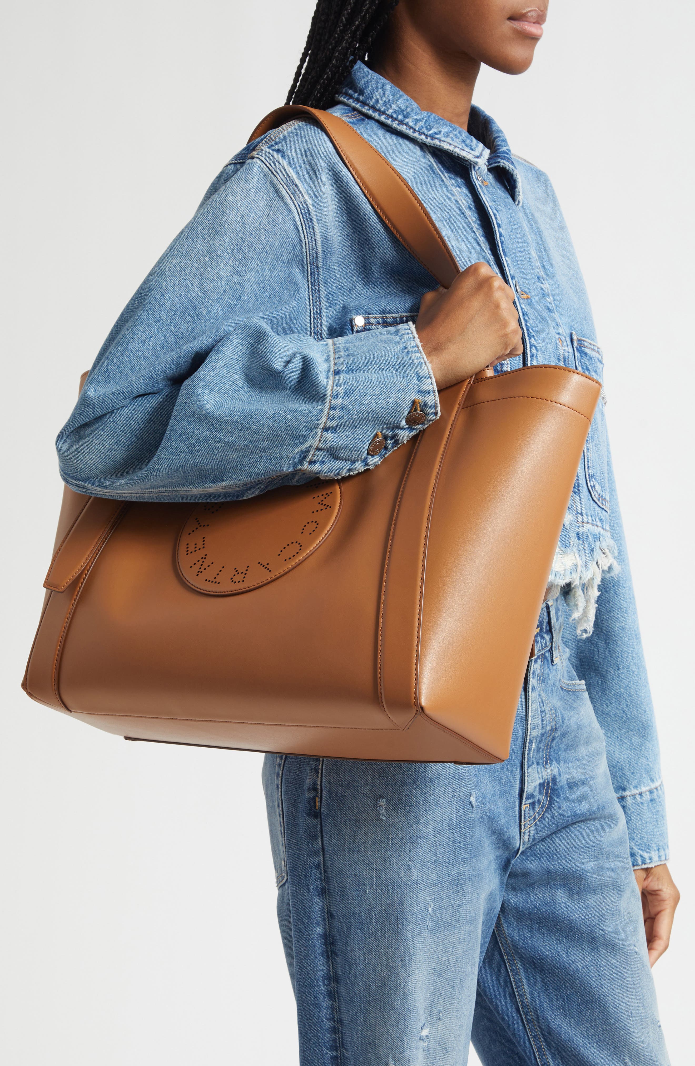 Stella McCartney Biker Perforated Logo Faux Leather Tote, Alternate, color, 