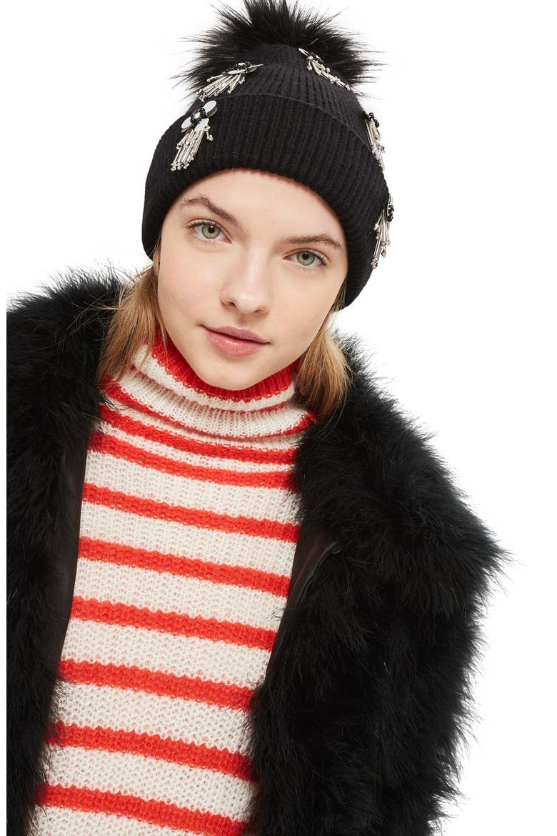 Flower Burst Embellished Beanie, Alternate, color, BLACK MULTI