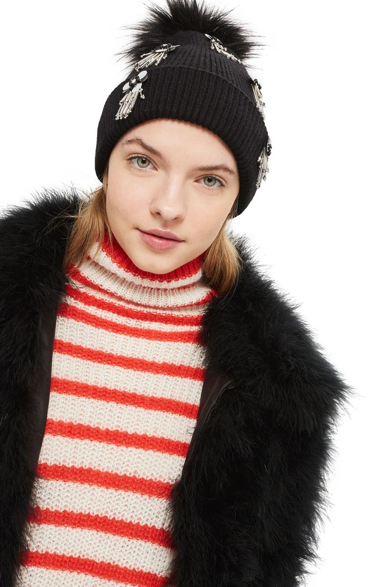 Topshop Flower Burst Embellished Beanie, Alternate, color, 