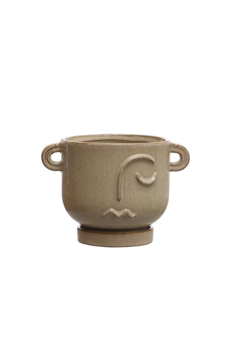 Round Reactive Glaze Stoneware Face Planter and Planter Saucer Set with Handles, Speckled Cream Color, Main, color, Cream