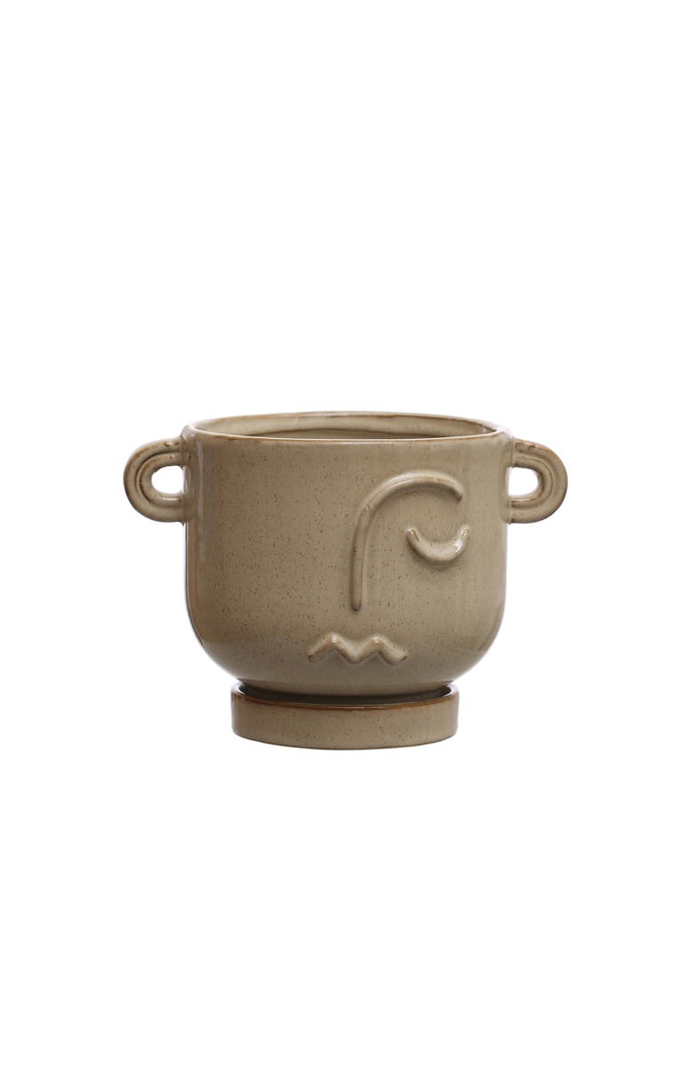 Storied Home Round Reactive Glaze Stoneware Face Planter and Planter Saucer Set with Handles, Speckled Cream Color, Main, color, Cream
