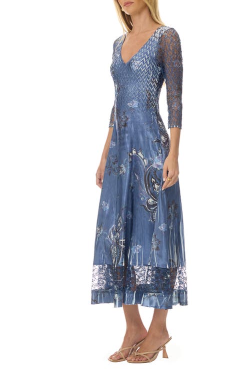 Komarov Paisley Charmuese Dress With Lace Sleeves In Blue