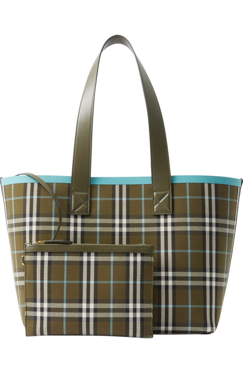 Burberry Medium Heritage Check Canvas Tote, Alternate, color, Olive Green